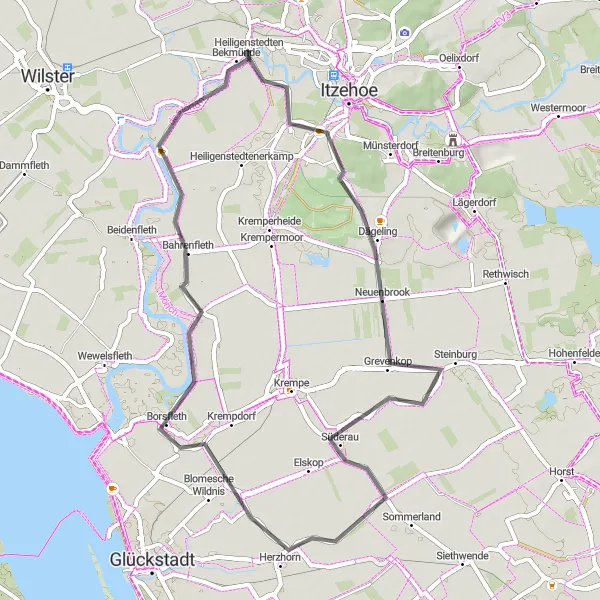 Map miniature of "Explore the Roadways of Heiligenstedten" cycling inspiration in Schleswig-Holstein, Germany. Generated by Tarmacs.app cycling route planner