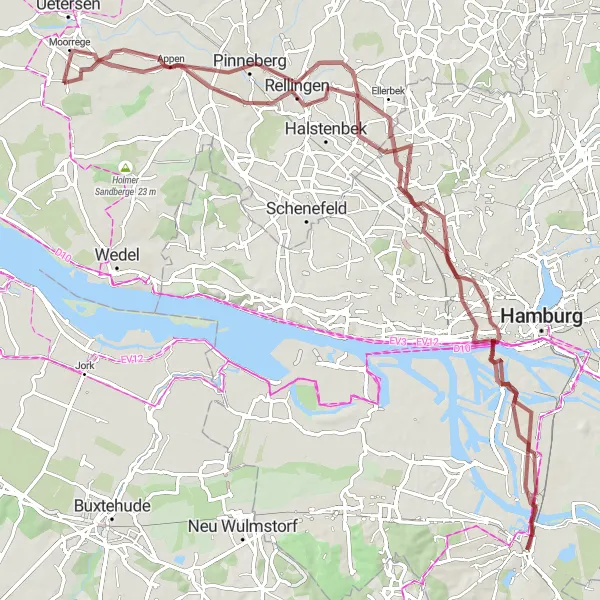 Karten-Miniaturansicht der Radinspiration "Abenteuerliche Gravel-Tour durch Pinneberg" in Schleswig-Holstein, Germany. Erstellt vom Tarmacs.app-Routenplaner für Radtouren