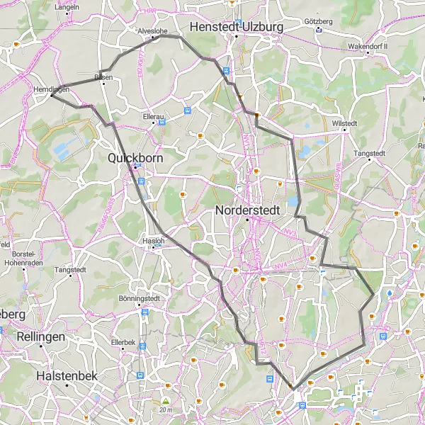 Map miniature of "Alveslohe-Rhen-Poppenbüttel-Hasloh Loop" cycling inspiration in Schleswig-Holstein, Germany. Generated by Tarmacs.app cycling route planner