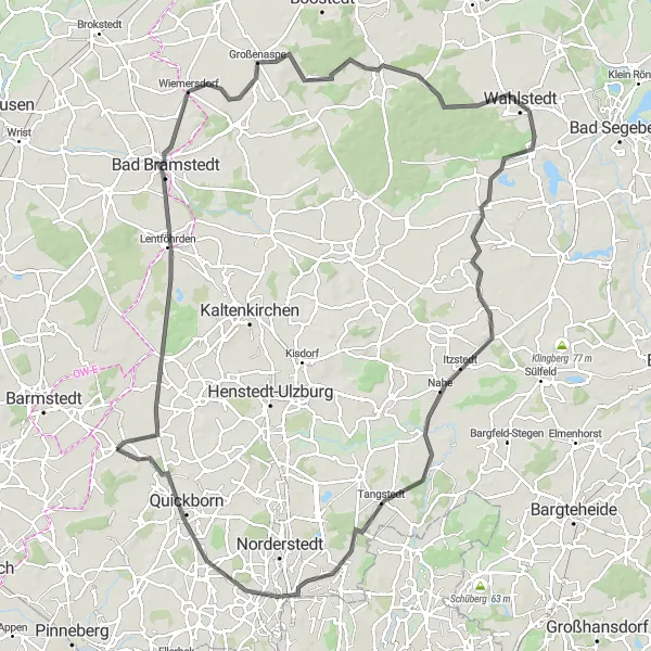 Map miniature of "Bilsen-Bad Bramstedt-Ketelvierth-Heidmühlen-Quickborn Loop" cycling inspiration in Schleswig-Holstein, Germany. Generated by Tarmacs.app cycling route planner
