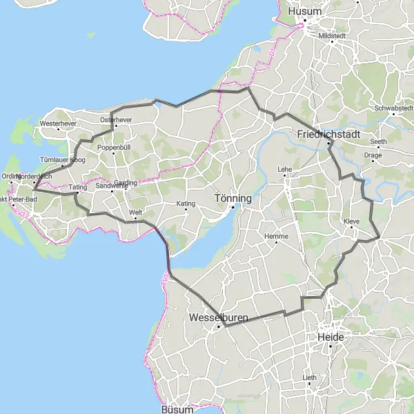 Map miniature of "Marshland Loop" cycling inspiration in Schleswig-Holstein, Germany. Generated by Tarmacs.app cycling route planner