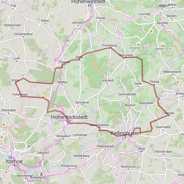 Karten-Miniaturansicht der Radinspiration "Rundtour von Hohenaspe nach Kellinghusen" in Schleswig-Holstein, Germany. Erstellt vom Tarmacs.app-Routenplaner für Radtouren