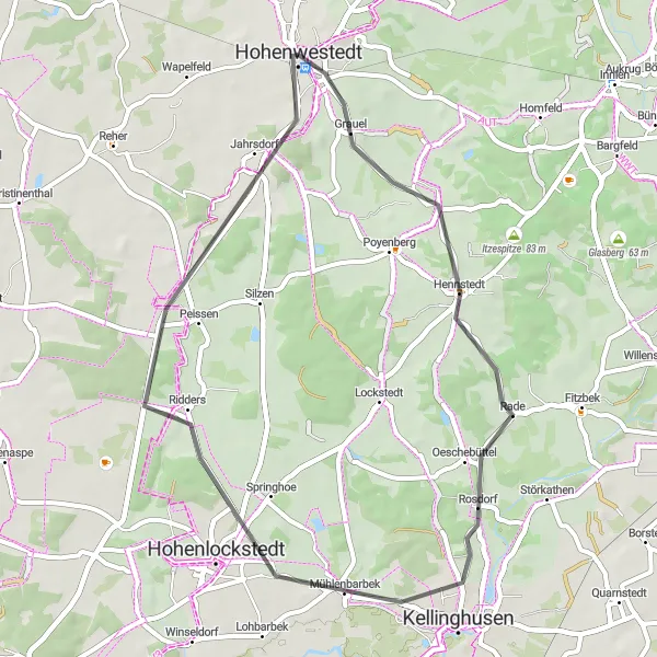 Map miniature of "The Dellen Loop" cycling inspiration in Schleswig-Holstein, Germany. Generated by Tarmacs.app cycling route planner