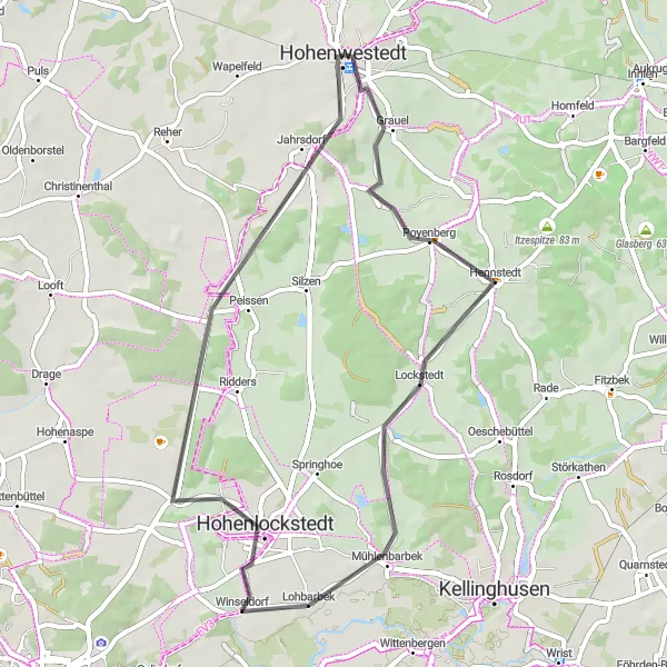 Karten-Miniaturansicht der Radinspiration "Kurze Runde nach Hohenlockstedt" in Schleswig-Holstein, Germany. Erstellt vom Tarmacs.app-Routenplaner für Radtouren