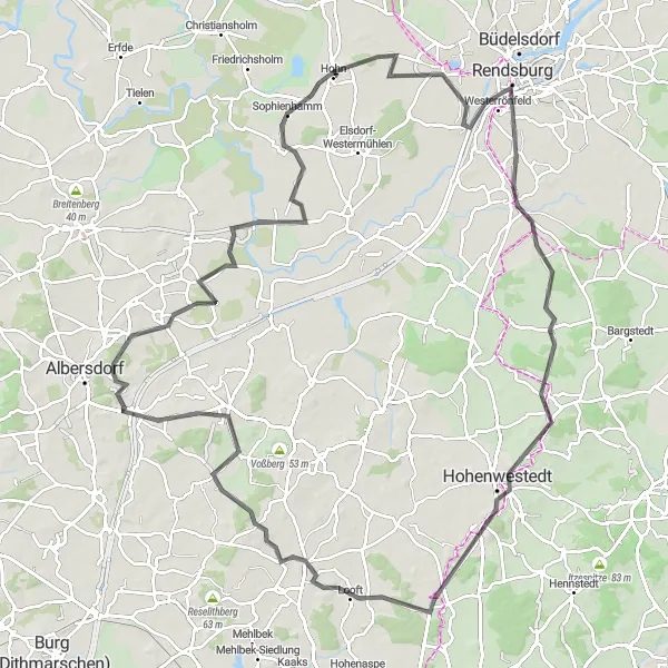 Map miniature of "Challenging Road Cycling Adventure around Westerrönfeld" cycling inspiration in Schleswig-Holstein, Germany. Generated by Tarmacs.app cycling route planner