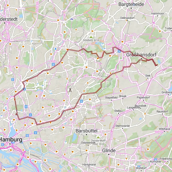 Karten-Miniaturansicht der Radinspiration "Gravel Tour durch Hamburg" in Schleswig-Holstein, Germany. Erstellt vom Tarmacs.app-Routenplaner für Radtouren