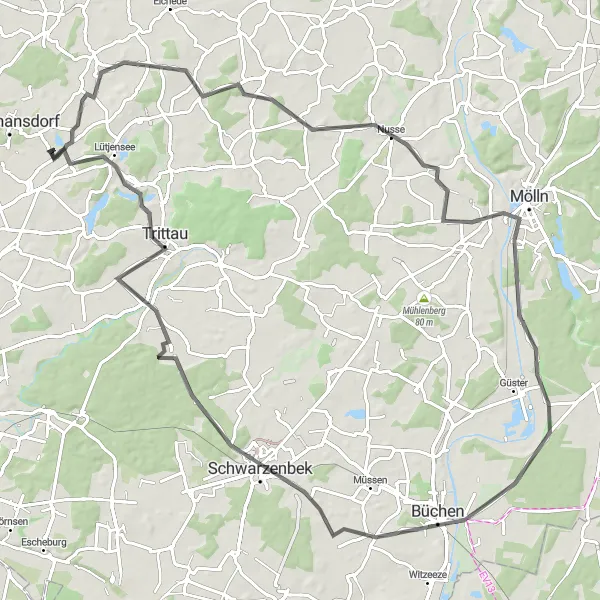 Karten-Miniaturansicht der Radinspiration "Rundtour durch Nusse, Büchen und Schwarzenbek" in Schleswig-Holstein, Germany. Erstellt vom Tarmacs.app-Routenplaner für Radtouren