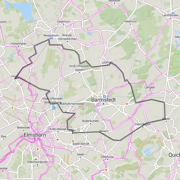 Map miniature of "Westerhorn - Bokholt-Hanredder Circuit" cycling inspiration in Schleswig-Holstein, Germany. Generated by Tarmacs.app cycling route planner