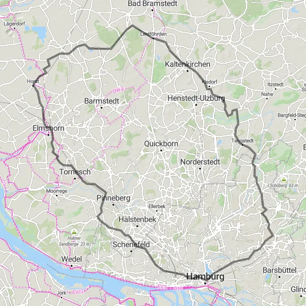 Map miniature of "Kaltenkirchen - Elmshorn Circuit" cycling inspiration in Schleswig-Holstein, Germany. Generated by Tarmacs.app cycling route planner