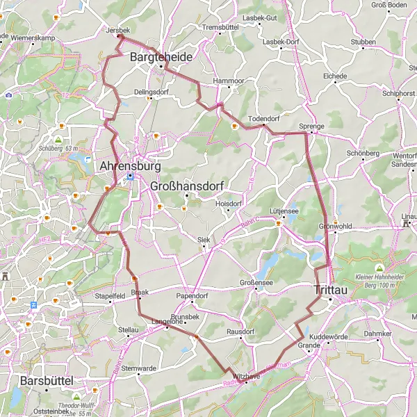 Map miniature of "The Gravel Route through Bargteheide and Timmerhorn" cycling inspiration in Schleswig-Holstein, Germany. Generated by Tarmacs.app cycling route planner