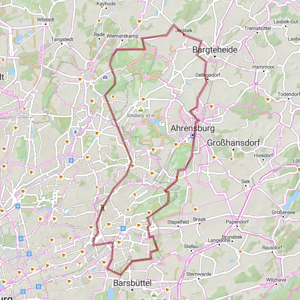 Map miniature of "Ahrensburg and Historic Ice Cellar Jersbek Gravel Route" cycling inspiration in Schleswig-Holstein, Germany. Generated by Tarmacs.app cycling route planner