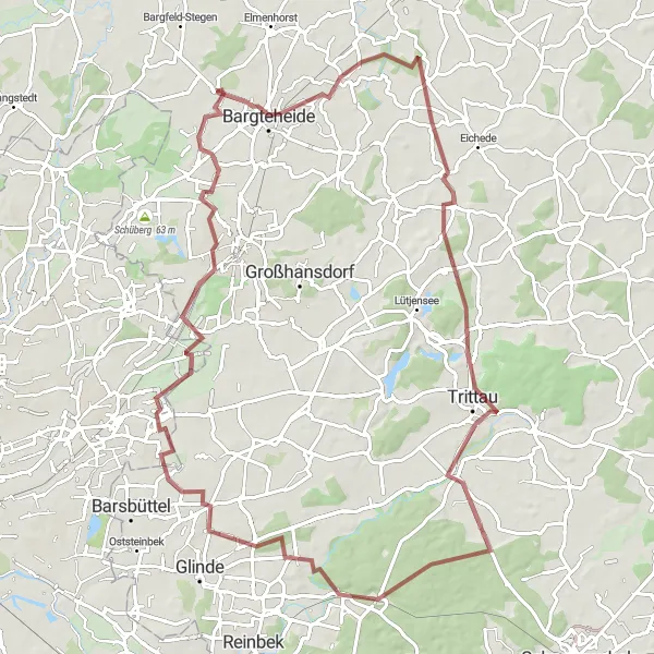 Map miniature of "The Scenic Gravel Ride through Tremsbüttel and Bünningstedt" cycling inspiration in Schleswig-Holstein, Germany. Generated by Tarmacs.app cycling route planner