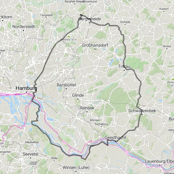 Map miniature of "Schwarzenbek and Leuchtfeuer Bunthaus Road Route" cycling inspiration in Schleswig-Holstein, Germany. Generated by Tarmacs.app cycling route planner