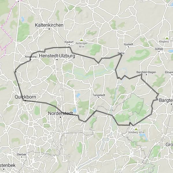 Map miniature of "The Road Route through Schüberg and Kisdorf" cycling inspiration in Schleswig-Holstein, Germany. Generated by Tarmacs.app cycling route planner