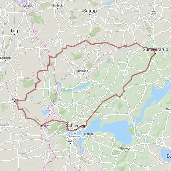 Map miniature of "Jübek - Schnarup-Thumby - Heidberg - Nottfeld - Taarstedt - Aussichtsturm Schleswig - Schuby - Jübek" cycling inspiration in Schleswig-Holstein, Germany. Generated by Tarmacs.app cycling route planner