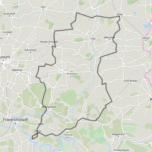 Map miniature of "Jübek - Hollingstedt - Bergenhusen - Twieberge - Drage - Wittbek - Jübek" cycling inspiration in Schleswig-Holstein, Germany. Generated by Tarmacs.app cycling route planner