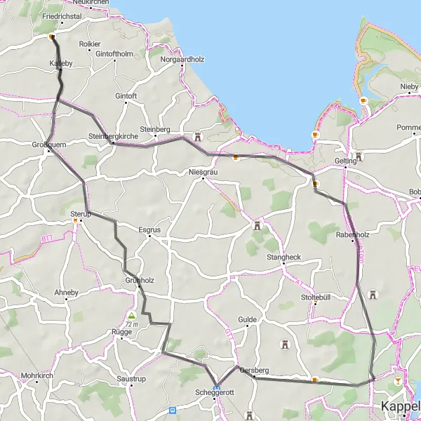 Map miniature of "Challenging Road Cycling Route around Kappeln" cycling inspiration in Schleswig-Holstein, Germany. Generated by Tarmacs.app cycling route planner