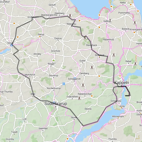 Map miniature of "Tranquil Road Cycling Loop Departing from Kappeln" cycling inspiration in Schleswig-Holstein, Germany. Generated by Tarmacs.app cycling route planner