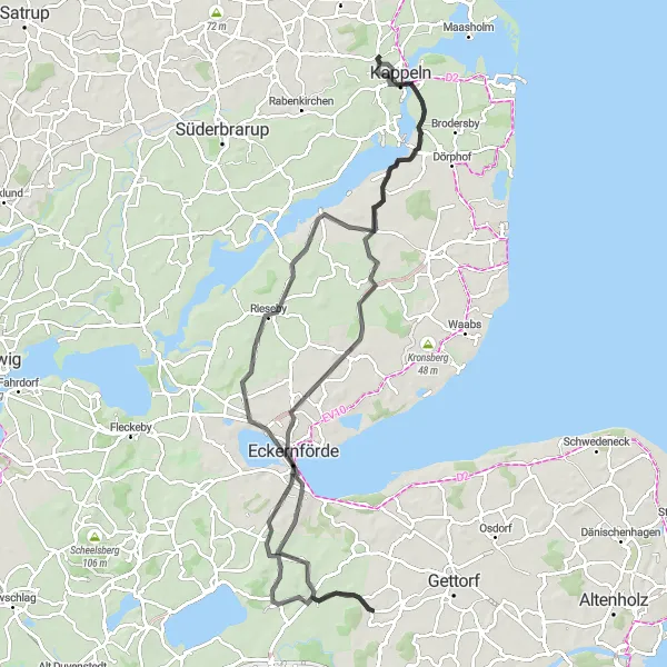 Map miniature of "Kappeln to Sandbek" cycling inspiration in Schleswig-Holstein, Germany. Generated by Tarmacs.app cycling route planner