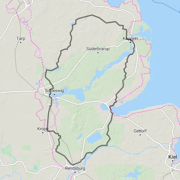 Map miniature of "Kappeln to Borgstedt" cycling inspiration in Schleswig-Holstein, Germany. Generated by Tarmacs.app cycling route planner