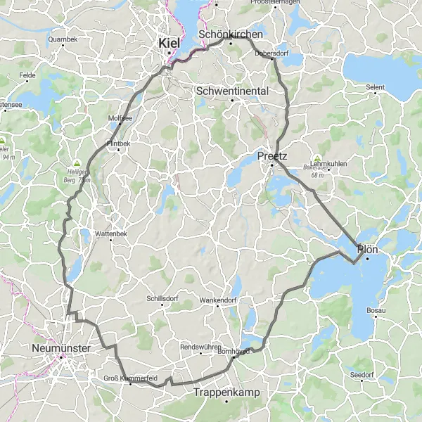 Karten-Miniaturansicht der Radinspiration "Rundtour von Kiel nach Plön" in Schleswig-Holstein, Germany. Erstellt vom Tarmacs.app-Routenplaner für Radtouren