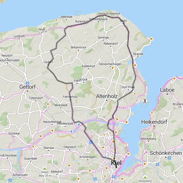 Map miniature of "Kiel Round-Trip Cycling Route" cycling inspiration in Schleswig-Holstein, Germany. Generated by Tarmacs.app cycling route planner