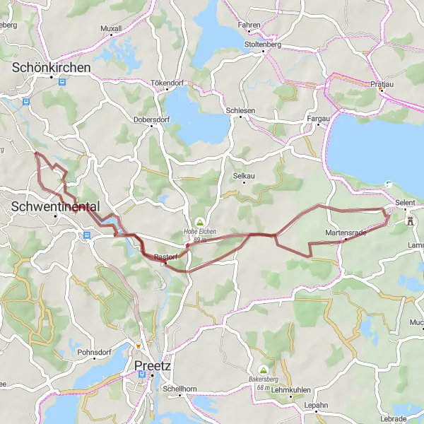Map miniature of "Gravel Adventure: Rosenfeld, Hohe Eichen, Martensrade, Ravensberg, and Klausdorf" cycling inspiration in Schleswig-Holstein, Germany. Generated by Tarmacs.app cycling route planner