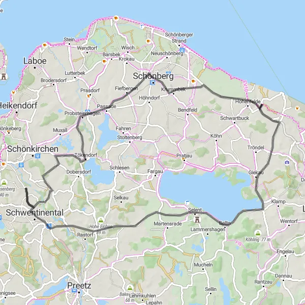 Map miniature of "Cycling through Probsteierhagen, Krummbek, Giekau, Selent, Ravensberg, Hohe Eichen, and Schwentinental" cycling inspiration in Schleswig-Holstein, Germany. Generated by Tarmacs.app cycling route planner