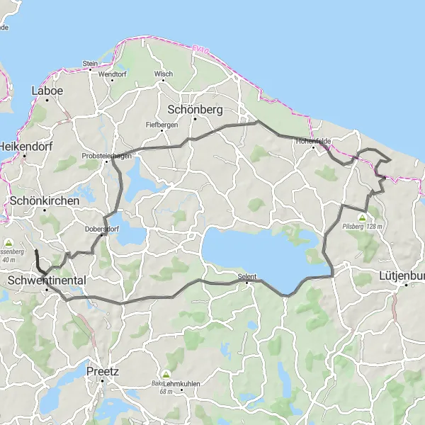 Map miniature of "Scenic Route: Dobersdorf, Passade, Satjendorf, Matzwitz, Aussichtsturm Hessenstein, Selent, Ravensberg, Hohe Eichen, and Schwentinental" cycling inspiration in Schleswig-Holstein, Germany. Generated by Tarmacs.app cycling route planner