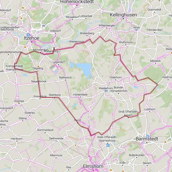 Map miniature of "Kremperheide-Westermoor-Groß Offenseth-Aspern-Neuenbrook" cycling inspiration in Schleswig-Holstein, Germany. Generated by Tarmacs.app cycling route planner