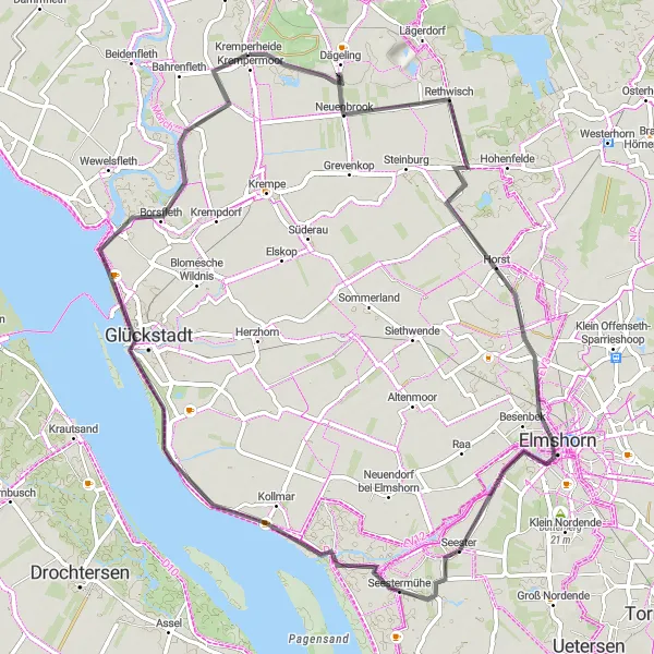 Map miniature of "Kremperheide-Neuenbrook-Elmshorn-Seestermühe-Kollmar-Borsfleth" cycling inspiration in Schleswig-Holstein, Germany. Generated by Tarmacs.app cycling route planner