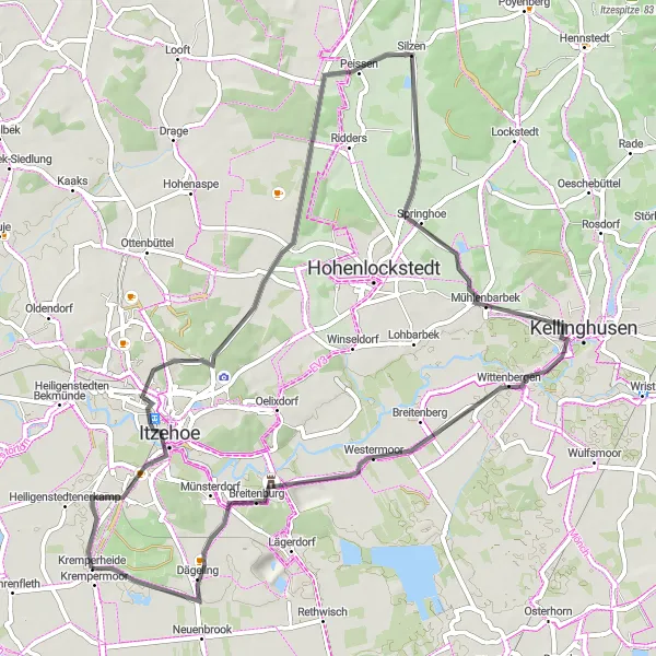 Map miniature of "Kremperheide-Itzehoe-Silzen-Kellinghusen-Breitenburg" cycling inspiration in Schleswig-Holstein, Germany. Generated by Tarmacs.app cycling route planner