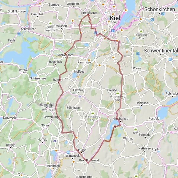 Map miniature of "Kronshagen - Rumohr - Russee Loop" cycling inspiration in Schleswig-Holstein, Germany. Generated by Tarmacs.app cycling route planner
