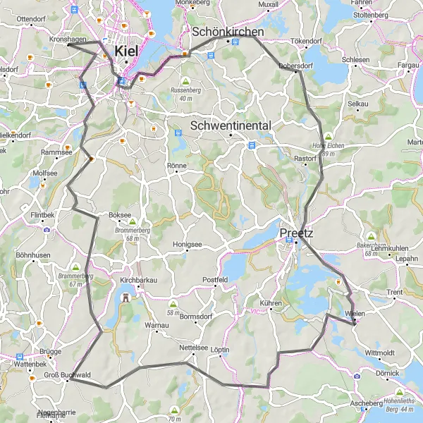 Map miniature of "Kronshagen and Surrounding Countryside" cycling inspiration in Schleswig-Holstein, Germany. Generated by Tarmacs.app cycling route planner