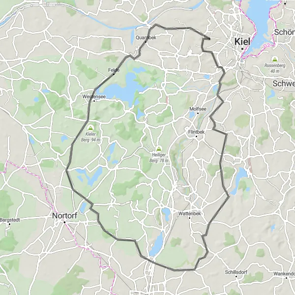 Map miniature of "Kronshagen Road Cycling Loop" cycling inspiration in Schleswig-Holstein, Germany. Generated by Tarmacs.app cycling route planner