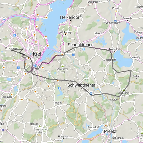 Map miniature of "Kronshagen to Schwentinental Road Route" cycling inspiration in Schleswig-Holstein, Germany. Generated by Tarmacs.app cycling route planner