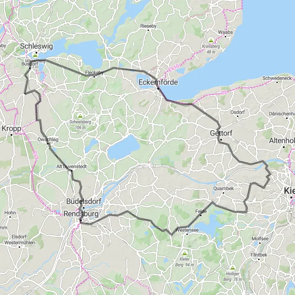 Map miniature of "Kronshagen - Osterrönfeld - Eckernförde Circuit" cycling inspiration in Schleswig-Holstein, Germany. Generated by Tarmacs.app cycling route planner