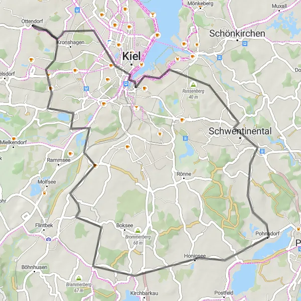 Map miniature of "Kronshagen - Schwentinental - Kiel Loop" cycling inspiration in Schleswig-Holstein, Germany. Generated by Tarmacs.app cycling route planner