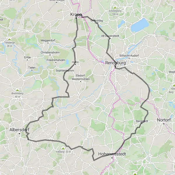 Map miniature of "Owschlag to Kropp Loop" cycling inspiration in Schleswig-Holstein, Germany. Generated by Tarmacs.app cycling route planner