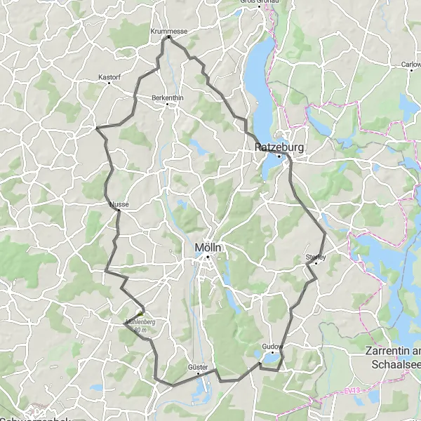 Map miniature of "Krummesse to Schwalkenberg Loop" cycling inspiration in Schleswig-Holstein, Germany. Generated by Tarmacs.app cycling route planner