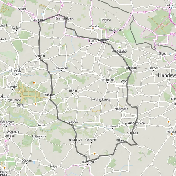 Map miniature of "Ladelund-Lundtop-Großenwiehe-Joldelund-Stadum" cycling inspiration in Schleswig-Holstein, Germany. Generated by Tarmacs.app cycling route planner