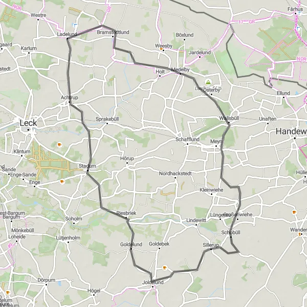 Karten-Miniaturansicht der Radinspiration "Rundtour von Ladelund durch die schöne Landschaft" in Schleswig-Holstein, Germany. Erstellt vom Tarmacs.app-Routenplaner für Radtouren