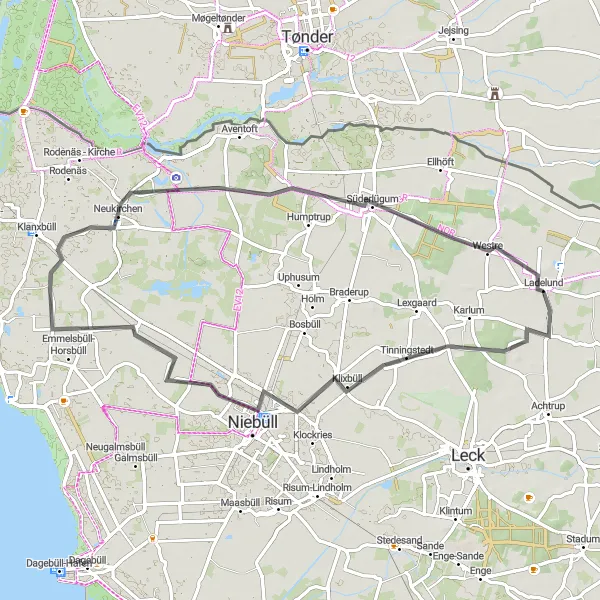 Map miniature of "Exploring Niebüll and Neukirchen" cycling inspiration in Schleswig-Holstein, Germany. Generated by Tarmacs.app cycling route planner