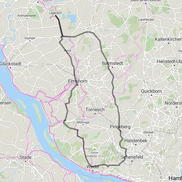 Map miniature of "Road Cycling Adventure to Lägerdorf" cycling inspiration in Schleswig-Holstein, Germany. Generated by Tarmacs.app cycling route planner