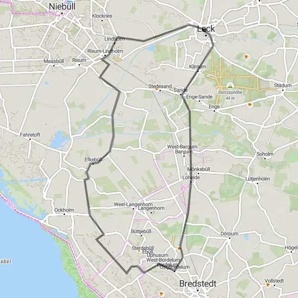 Karten-Miniaturansicht der Radinspiration "Radtour um Leck - Klintumer Berg Route" in Schleswig-Holstein, Germany. Erstellt vom Tarmacs.app-Routenplaner für Radtouren