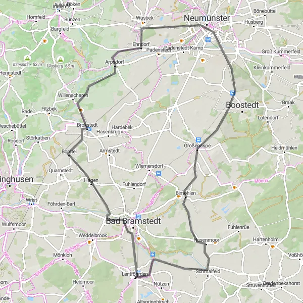 Karten-Miniaturansicht der Radinspiration "Straßen-Rundfahrt Bad Bramstedt-Hasenmoor" in Schleswig-Holstein, Germany. Erstellt vom Tarmacs.app-Routenplaner für Radtouren