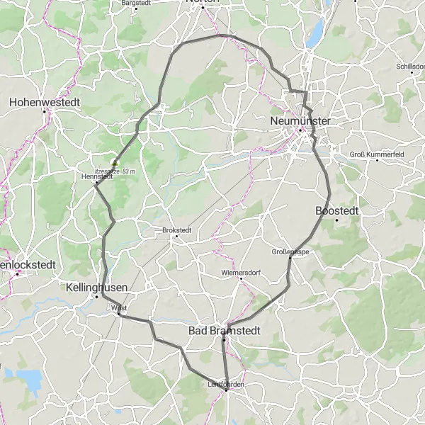 Map miniature of "Kellinghusen-Bad Bramstedt Scenic Road Route" cycling inspiration in Schleswig-Holstein, Germany. Generated by Tarmacs.app cycling route planner