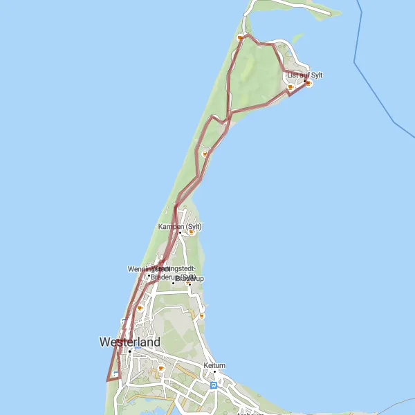 Map miniature of "Gravel Exploration of Kampen" cycling inspiration in Schleswig-Holstein, Germany. Generated by Tarmacs.app cycling route planner