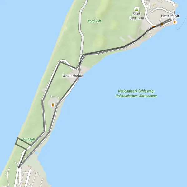 Karten-Miniaturansicht der Radinspiration "Genussvolle Radtour von List nach Sonnenterrasse Kampen" in Schleswig-Holstein, Germany. Erstellt vom Tarmacs.app-Routenplaner für Radtouren