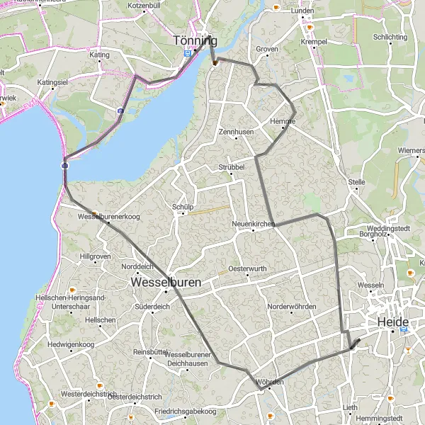 Map miniature of "Wöhrden and Tönning Round Trip" cycling inspiration in Schleswig-Holstein, Germany. Generated by Tarmacs.app cycling route planner